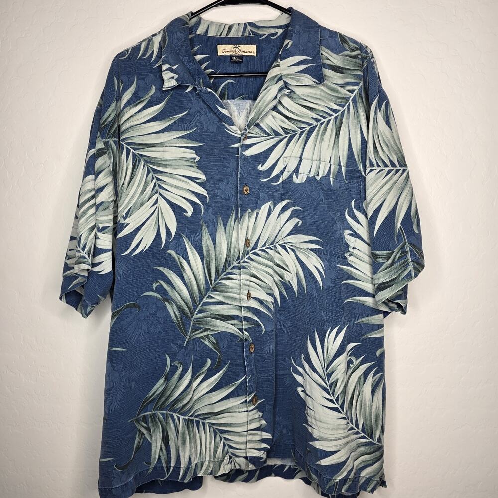 Tommy Bahama 100% Silk Hawaiian Camp Shirt Mens L Blue Palm Leaf Relax Fit